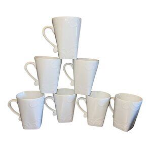 Set Of 7 Corelle Coordinates White Porcelain Mugs With Embossed Design